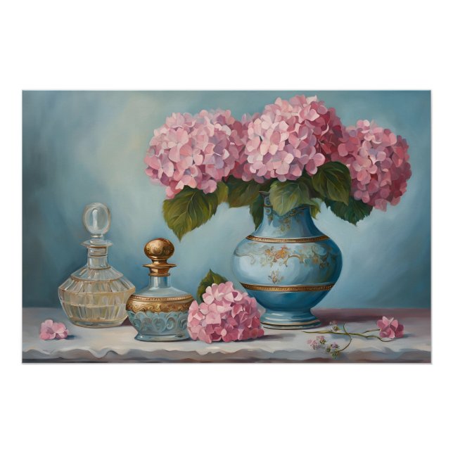 Pink Hydrangea Blume und Vintage Parfümflaschen Poster (Vorderseite)
