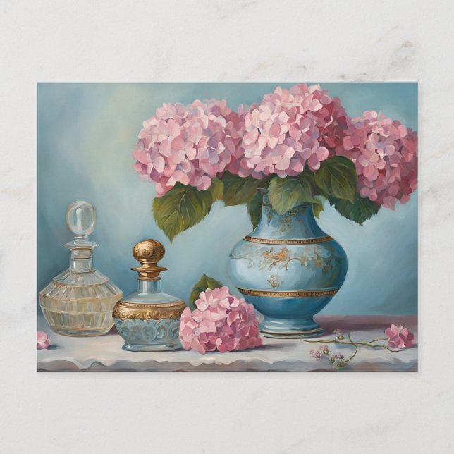 Pink Hydrangea Blume und Vintage Parfümflaschen Postkarte (Vorderseite)