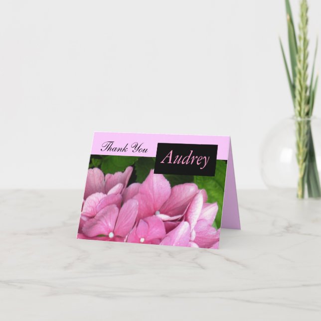 Pink Hydrangea Dankeschön Karte mit Namen (Vorderseite)
