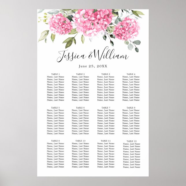 Pink Hydrangea Floral 12 Tische SITZENDE CHART Poster (Vorne)