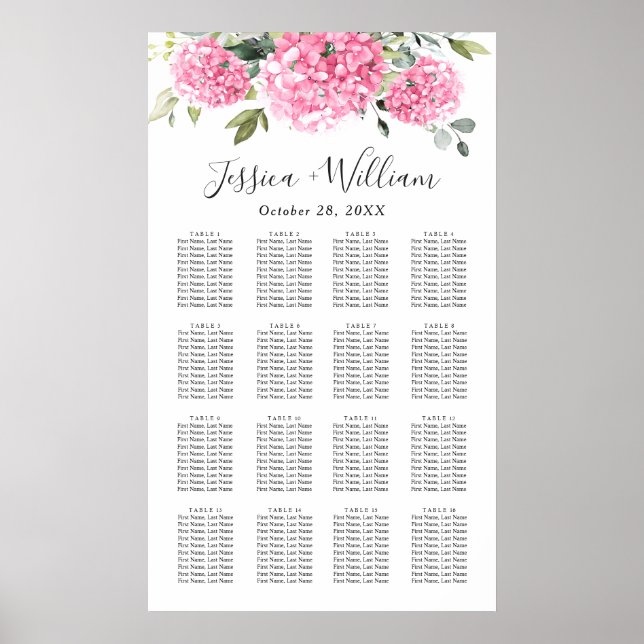 Pink Hydrangea Floral 16 Tische SITZENDE CHART Poster (Vorne)
