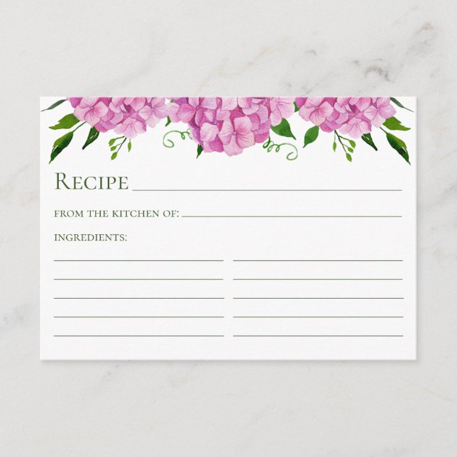 Pink Hydrangea Floral Water color Rezept Card Begleitkarte (Vorderseite)