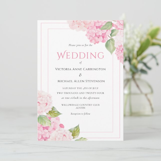 Pink Hydrangea Floral Watercolor Wedding Einladung (Stehend Vorderseite)