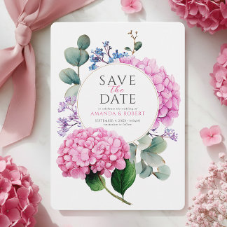Pink Hydrangea Flowers Watercolor Elegant Wedding Save The Date