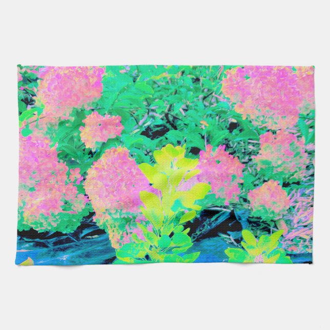 Pink Hydrangea Garden mit gelben Folies Geschirrtuch (Horizontal)