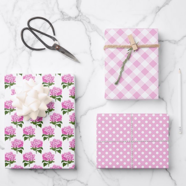 Pink Hydrangea Gingham und Polka Dot Pattern Geschenkpapier Set (Vorderseite)