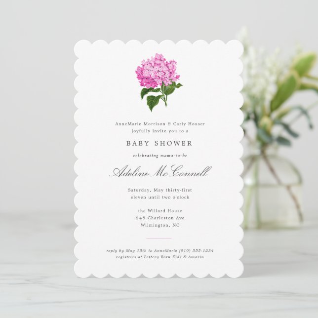 Pink Hydrangea Grandmillennial Baby Dusche Einladung (Stehend Vorderseite)