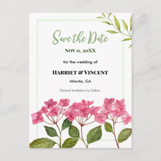 Pink Hydrangea Lacecaps Hochzeit retten das Datum Ankündigungspostkarte