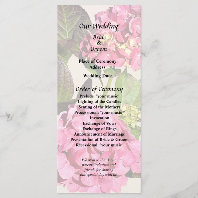 Pink Hydrangea mit Blätter Hochzeitsprogramm Programm (Vorderseite)