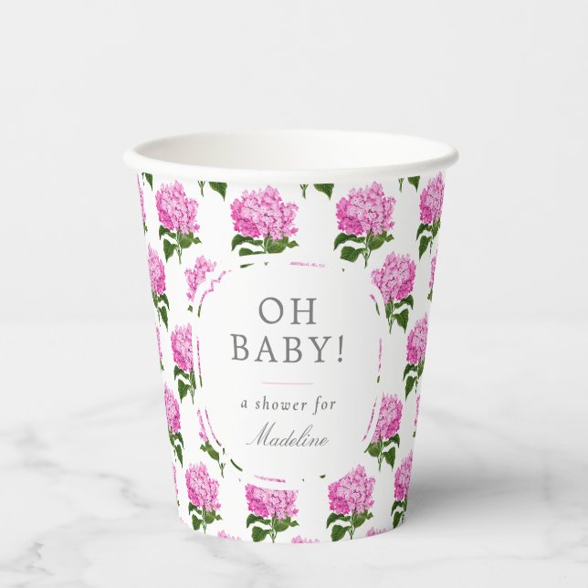 Pink Hydrangea Muster Oh Baby Girl Dusche Pappbecher (Vorderseite)