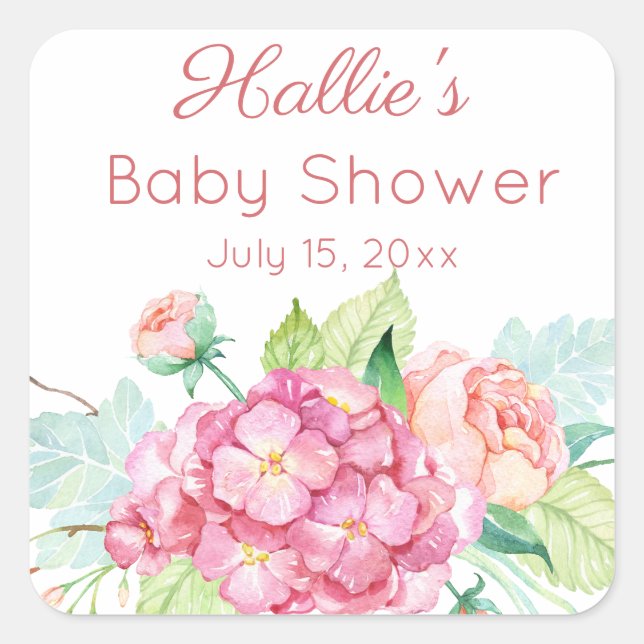 Pink Hydrangea & Peony Baby Dusche Vielen Dank Quadratischer Aufkleber (Vorderseite)
