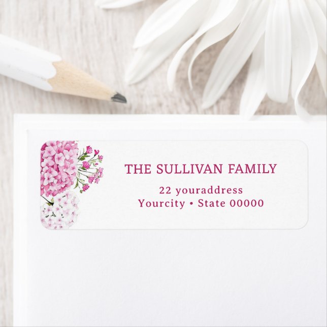 Pink hydrangea return address label (Insitu)