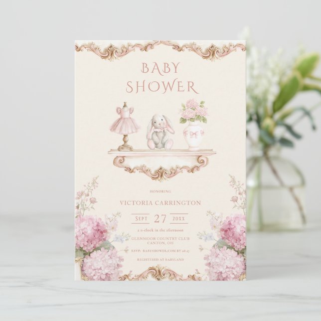 Pink Hydrangea Vintage Baby Shower Invitation (Debout devant)