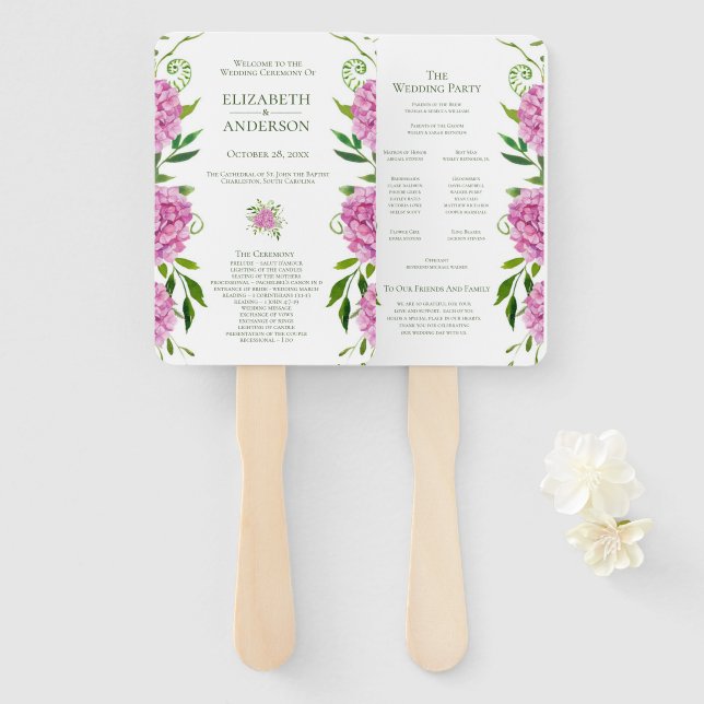 Pink Hydrangea Wedding Program Fächer (Vorne und Hinten)