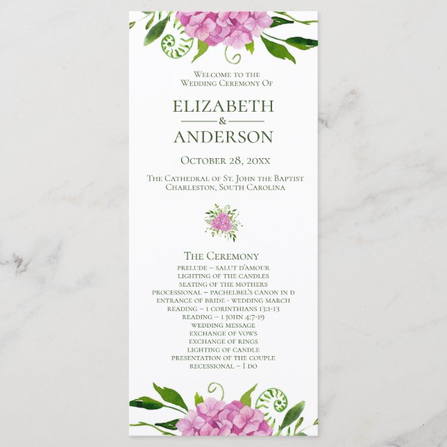 Pink Hydrangea Wedding Programm (Vorderseite)