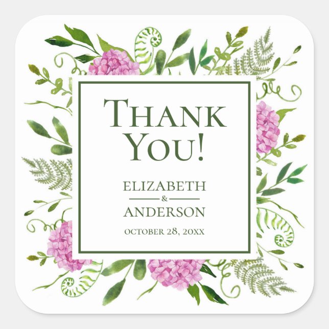 Pink Hydrangea Wedding Vielen Dank Quadratischer Aufkleber (Vorderseite)
