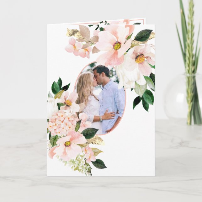Pink Hydrangea White Tulips Foto Boho Wedding Einladung (Vorderseite)