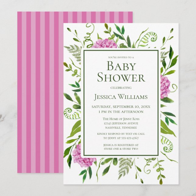 Pink Hydrangeas Floral Watercolor Babydusche Einladung (Vorne/Hinten)