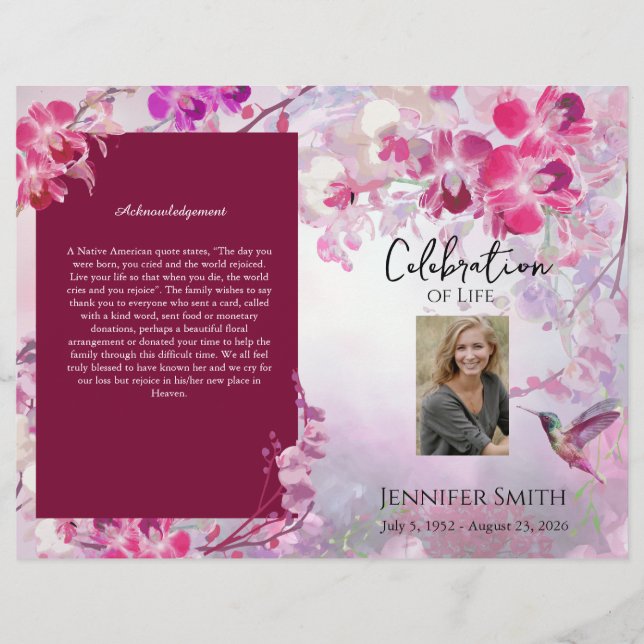 Pink Hydrangeas Hummingbird Beerdigung Programm Flyer (Vorne)
