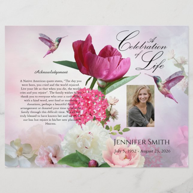 Pink Hydrangeas Hummingbird Beerdigung Programm Flyer (Vorne)