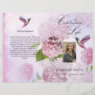 Pink Hydrangeas Hummingbird Beerdigung Programm Flyer