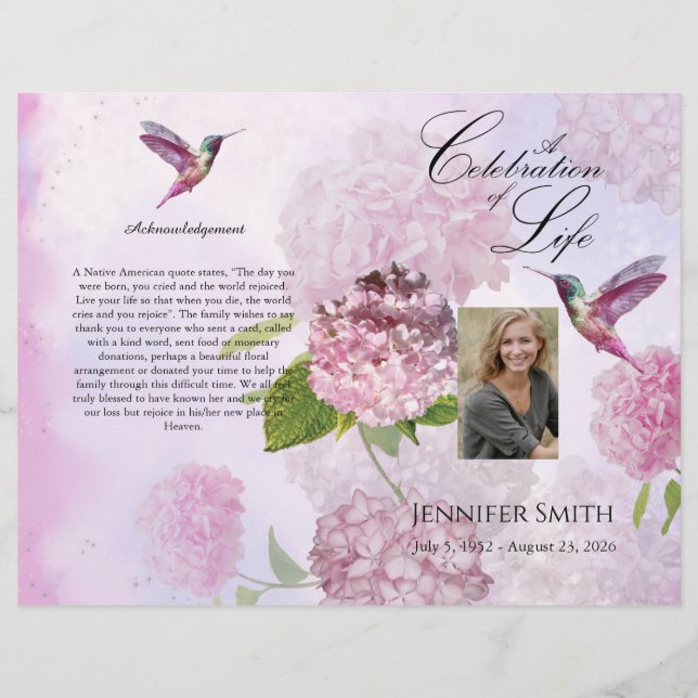 Pink Hydrangeas Hummingbird Beerdigung Programm Flyer (Vorne)