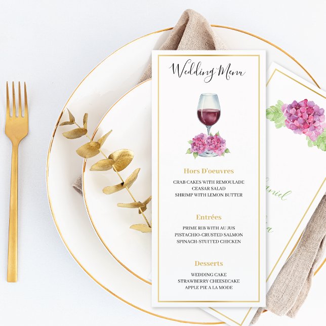 Pink Hydrangeas Wine Glass Wedding Flat Menu (Créateur téléchargé)