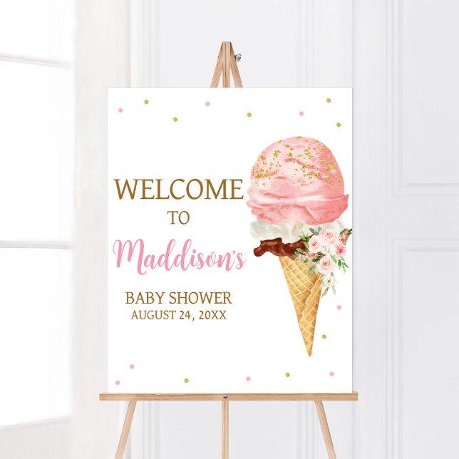 Pink Ice Cream Baby Dusche Empfang Poster (Here is the Scoop Baby Shower Welcome Sign)