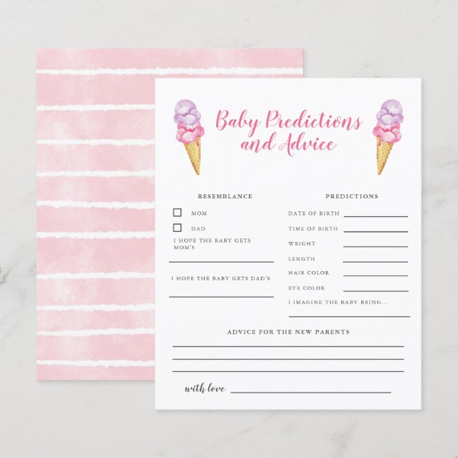 Pink Ice Cream Baby Predictions & Advice Card (Vorne/Hinten)