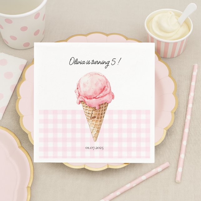 Pink Ice Cream Cone Birthday Napkin | Personalized Serviette (Von Creator hochgeladen)