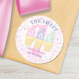 Pink Ice Cream Cone Polka Dots 1st Birthday Girl Runder Aufkleber