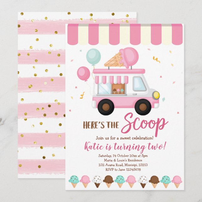 Pink Ice Creme LKW Geburtstagsfeier Einladung (Vorne/Hinten)