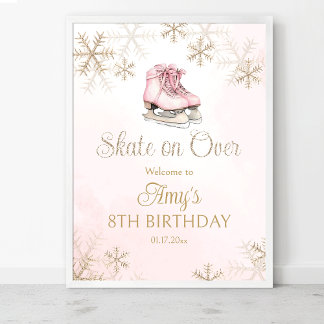 Pink Ice Skating Birthday Gold Snowflakes Welcome Poster