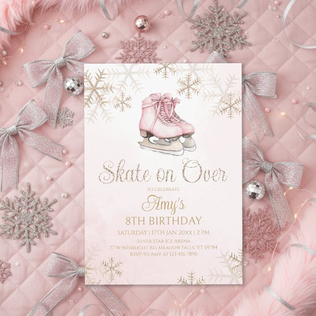 Pink Ice Skating Gold Glitter Snowflake Birthday Einladung (Von Creator hochgeladen)