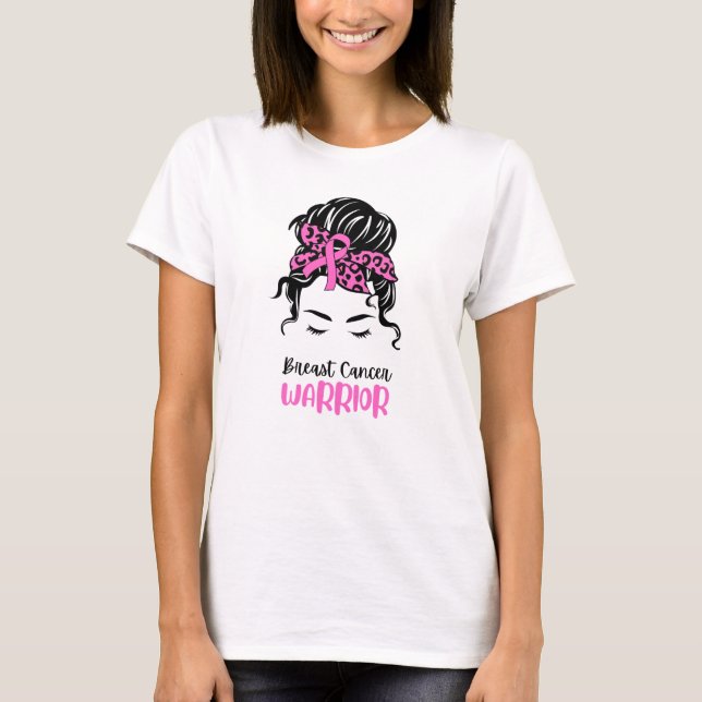 Pink Illustration Woman Messy Bun Brustkrebs T-Shirt (Vorderseite)
