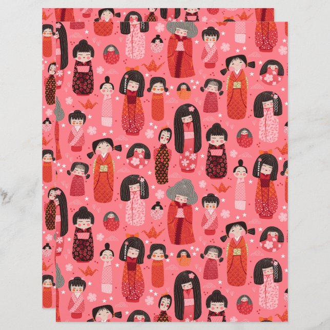 Pink Illustriert Japanisch Kokeshi Scrapbook (Vorne/Hinten)