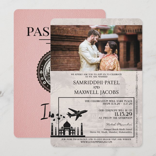 Pink India Passport Einladung zur Hochzeit (Vorne/Hinten)
