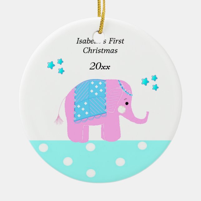 Pink Indian Elephant Baby's First Christmas Keramikornament (Vorne)