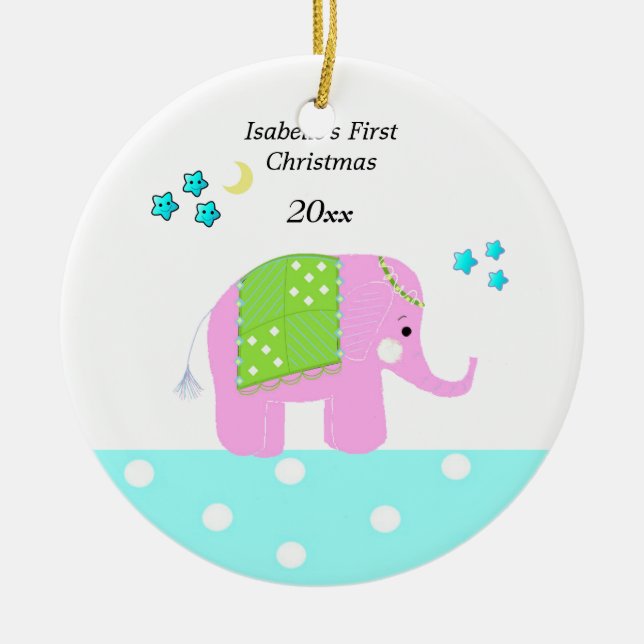 Pink Indian Elephant Baby's First Christmas Keramikornament (Vorne)