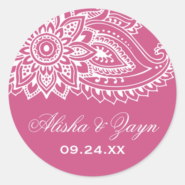 Pink Indian Paisley Wedding Umschlag Aufkleber (Vorderseite)
