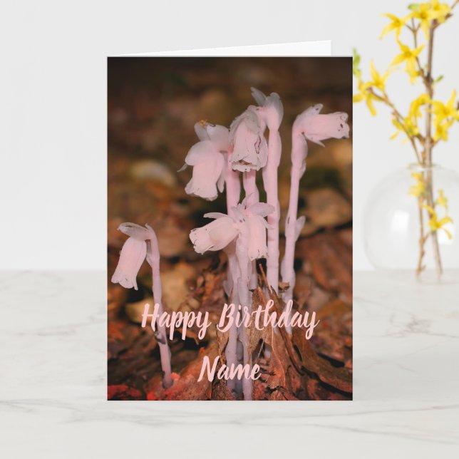 Pink Indian Pipe Wildblumen Personalisiert Geburts Karte (Gelbe Blume)