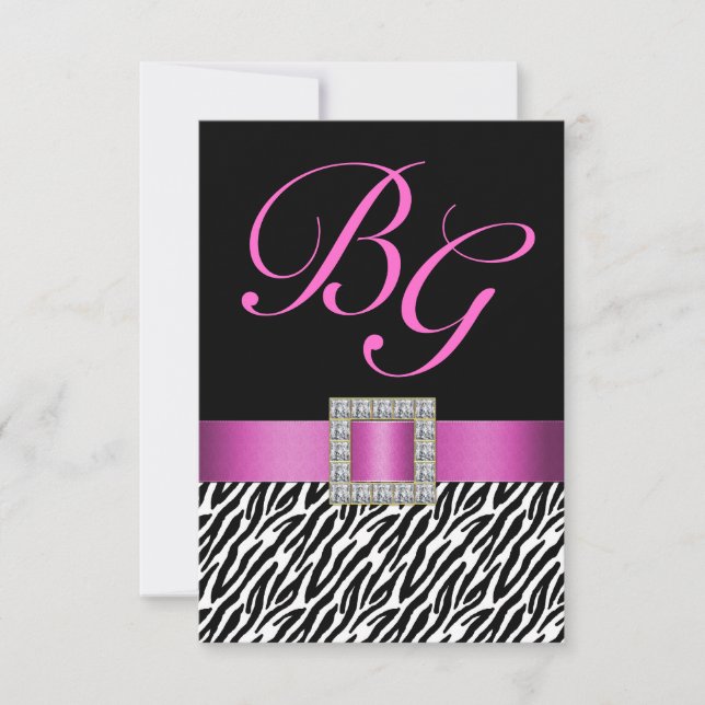 Pink Initials Zebra Stripes Wedding RSVP Karte (Vorderseite)