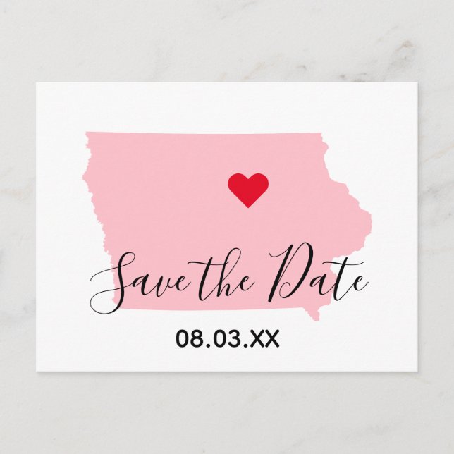 Pink Iowa Rotes Herz Save the Date Ankündigungspostkarte (Vorderseite)