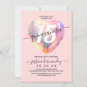 Pink Iridescent Foil Ballon Quinceañera Einladung