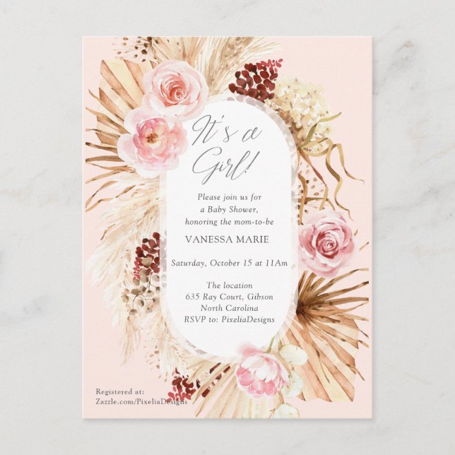 Pink ist ein Mädchen boho Aquarell Blumenpampen Einladungspostkarte (Vorderseite)