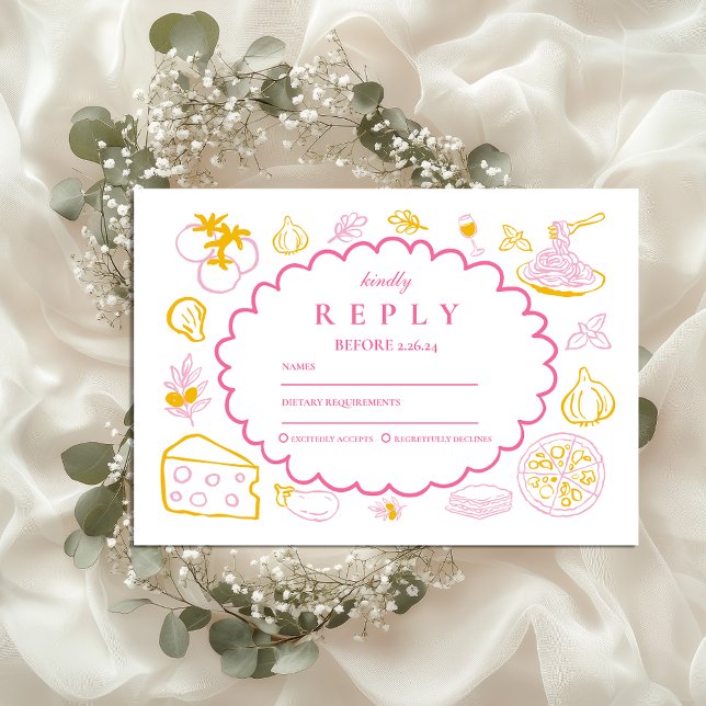 Pink Italian Food Wedding Sketch RSVP Karte (Von Creator hochgeladen)