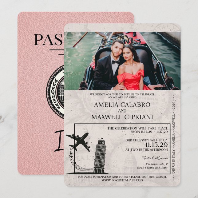 Pink Italy Passport Wedding Einladung (Vorne/Hinten)