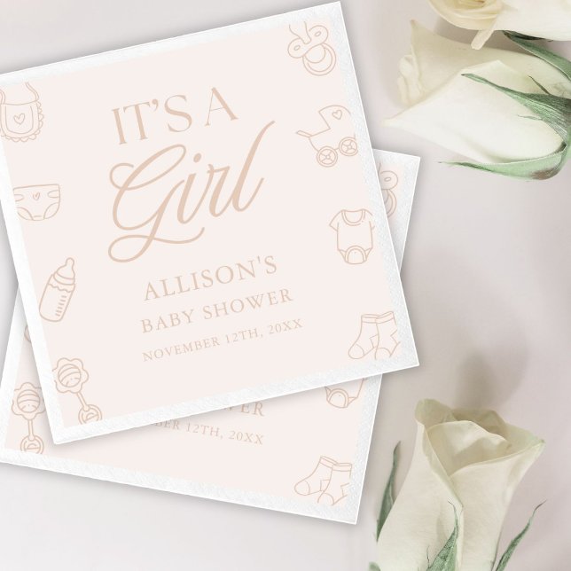 Pink It's a Girl Elegant Hand Drawn Baby Shower Serviette (Von Creator hochgeladen)