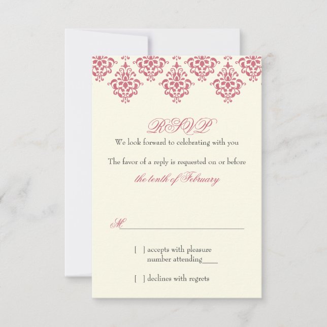 Pink Ivory Arabesque Damask Floral Wedding RSVP Einladung (Vorderseite)