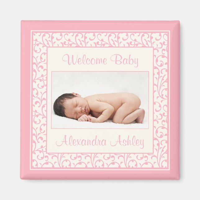 Pink Ivory Floral Damask Baby Photo Magnet (Devant)